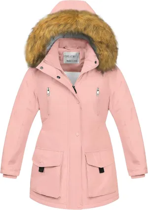 CREATMO US Girl's Sherpa Long Winter Coat Thicken Warm Parka Durable Waterproof Puffer Ski Jacket