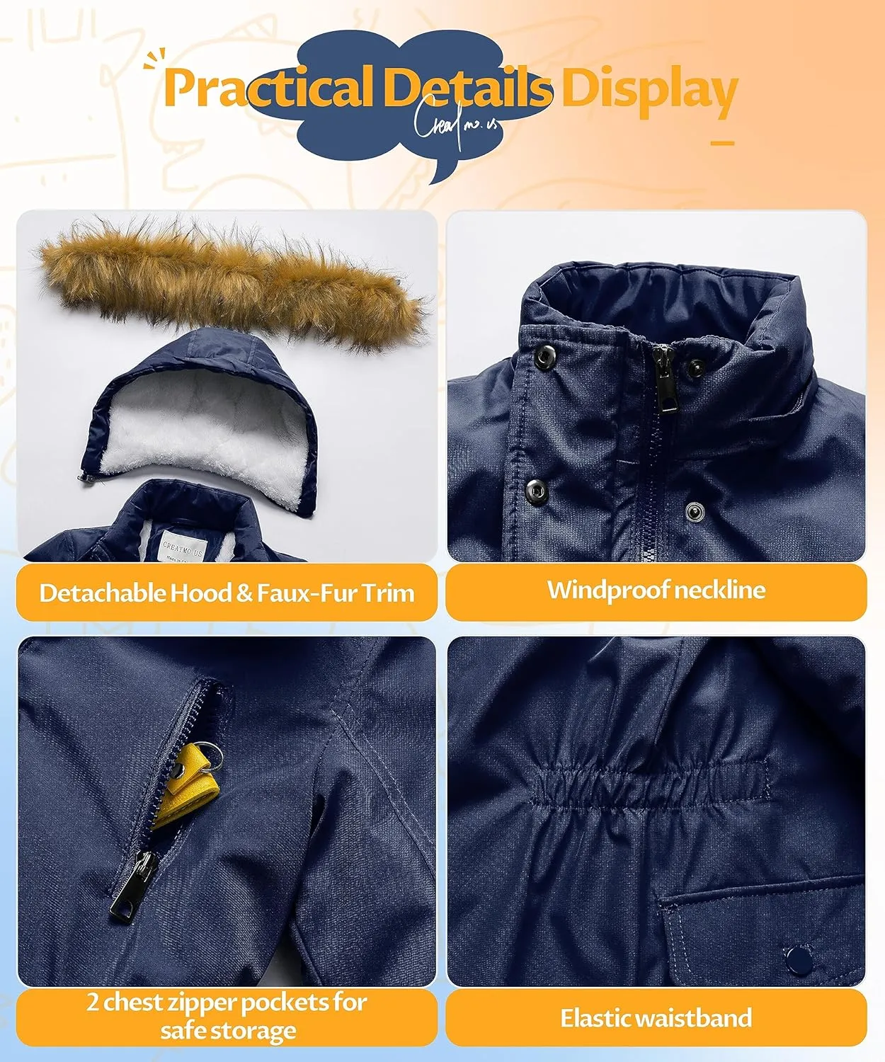 CREATMO US Girl's Sherpa Long Winter Coat Thicken Warm Parka Durable Waterproof Puffer Ski Jacket