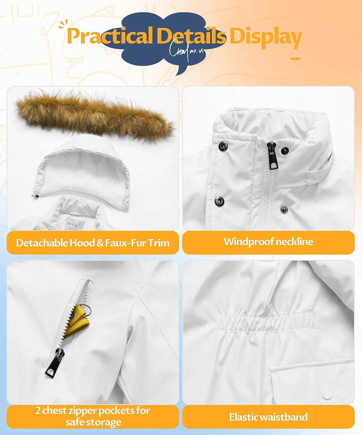 CREATMO US Girl's Sherpa Long Winter Coat Thicken Warm Parka Durable Waterproof Puffer Ski Jacket