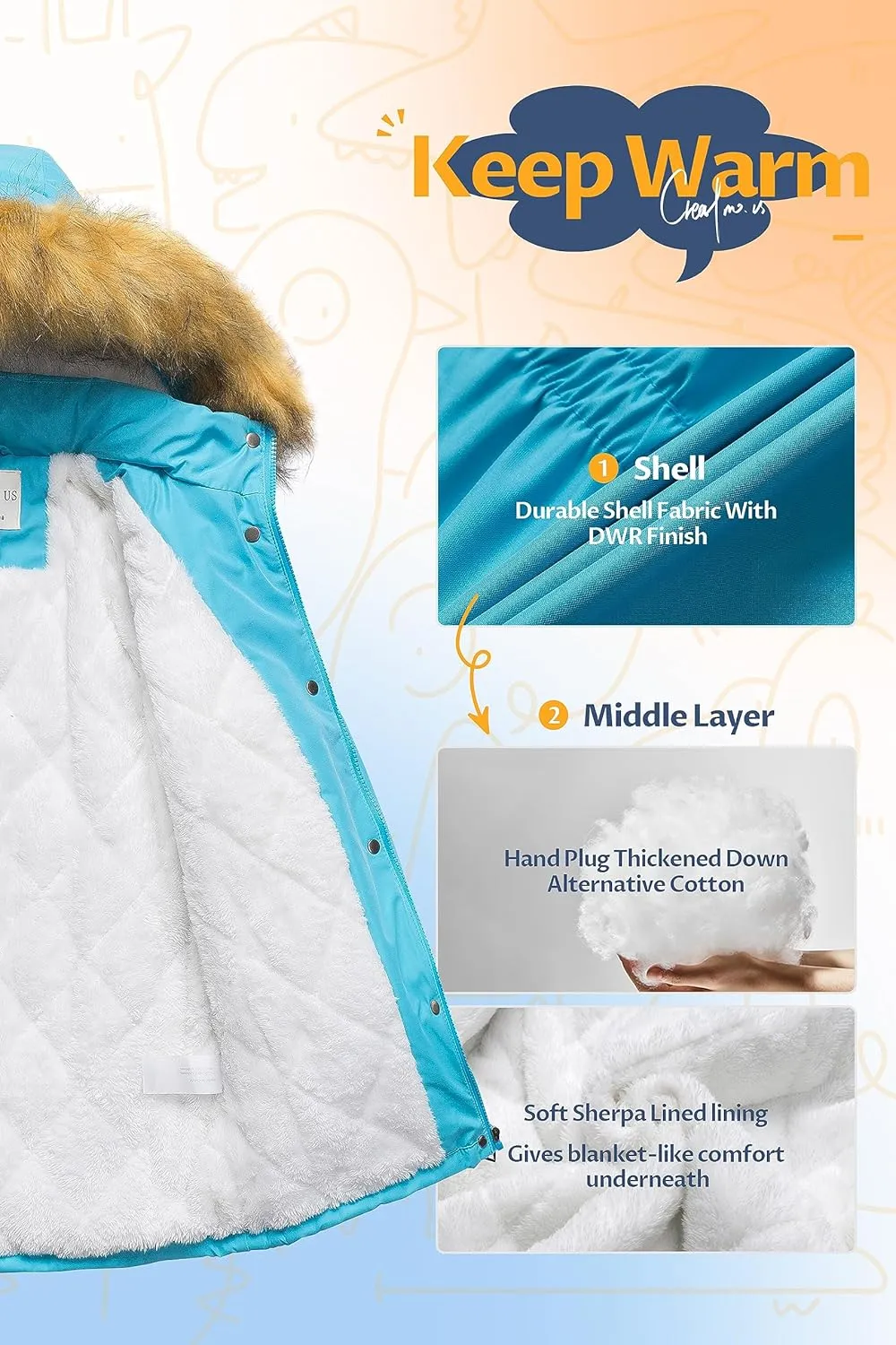 CREATMO US Girl's Sherpa Long Winter Coat Thicken Warm Parka Durable Waterproof Puffer Ski Jacket