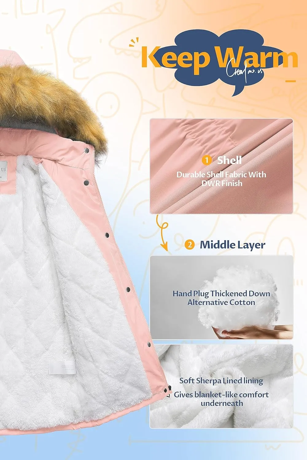 CREATMO US Girl's Sherpa Long Winter Coat Thicken Warm Parka Durable Waterproof Puffer Ski Jacket