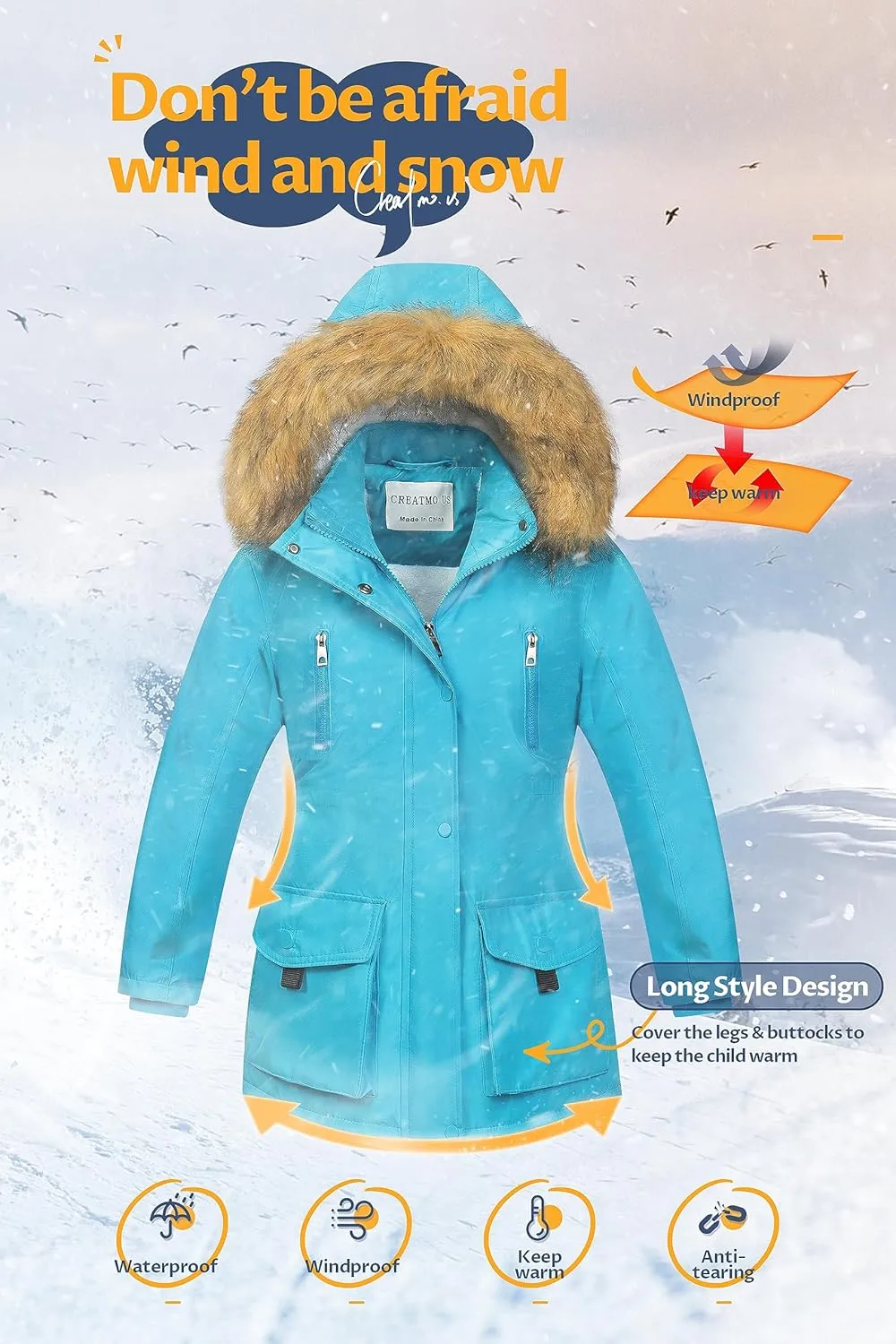 CREATMO US Girl's Sherpa Long Winter Coat Thicken Warm Parka Durable Waterproof Puffer Ski Jacket