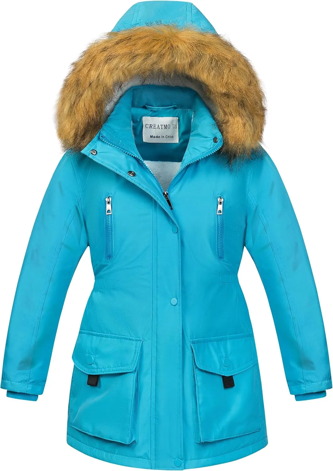 CREATMO US Girl's Sherpa Long Winter Coat Thicken Warm Parka Durable Waterproof Puffer Ski Jacket