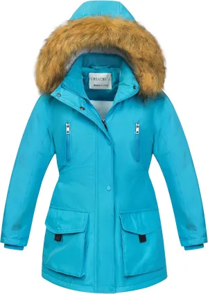 CREATMO US Girl's Sherpa Long Winter Coat Thicken Warm Parka Durable Waterproof Puffer Ski Jacket