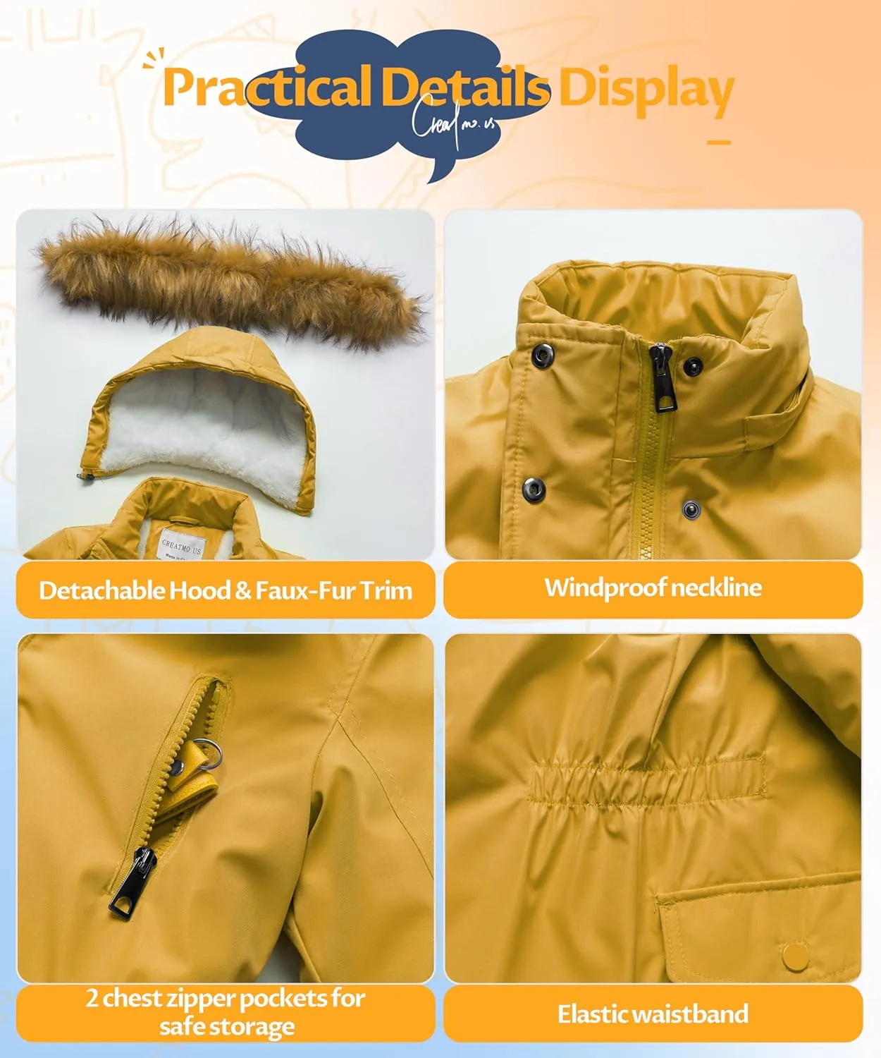 CREATMO US Girl's Sherpa Long Winter Coat Thicken Warm Parka Durable Waterproof Puffer Ski Jacket