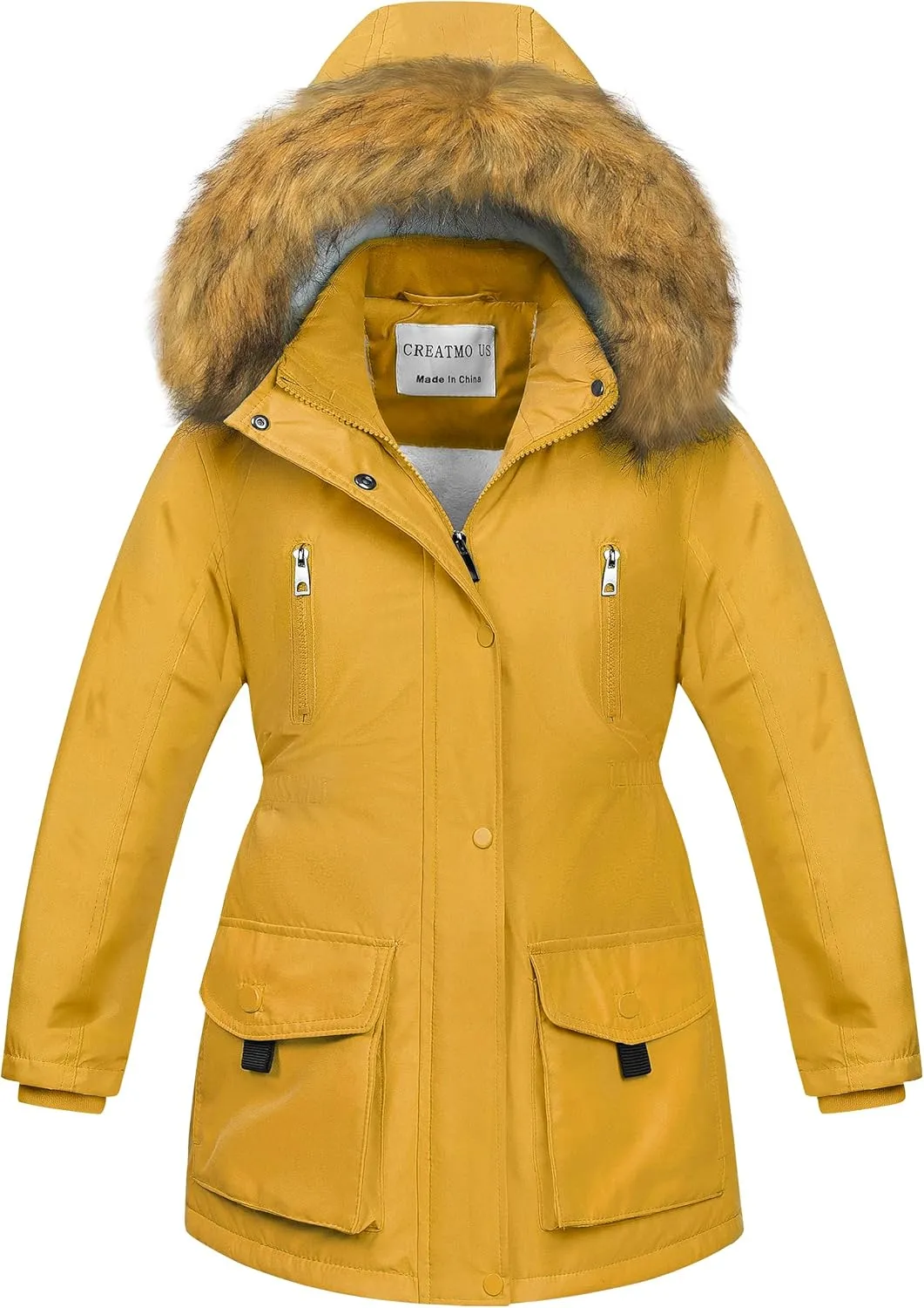 CREATMO US Girl's Sherpa Long Winter Coat Thicken Warm Parka Durable Waterproof Puffer Ski Jacket