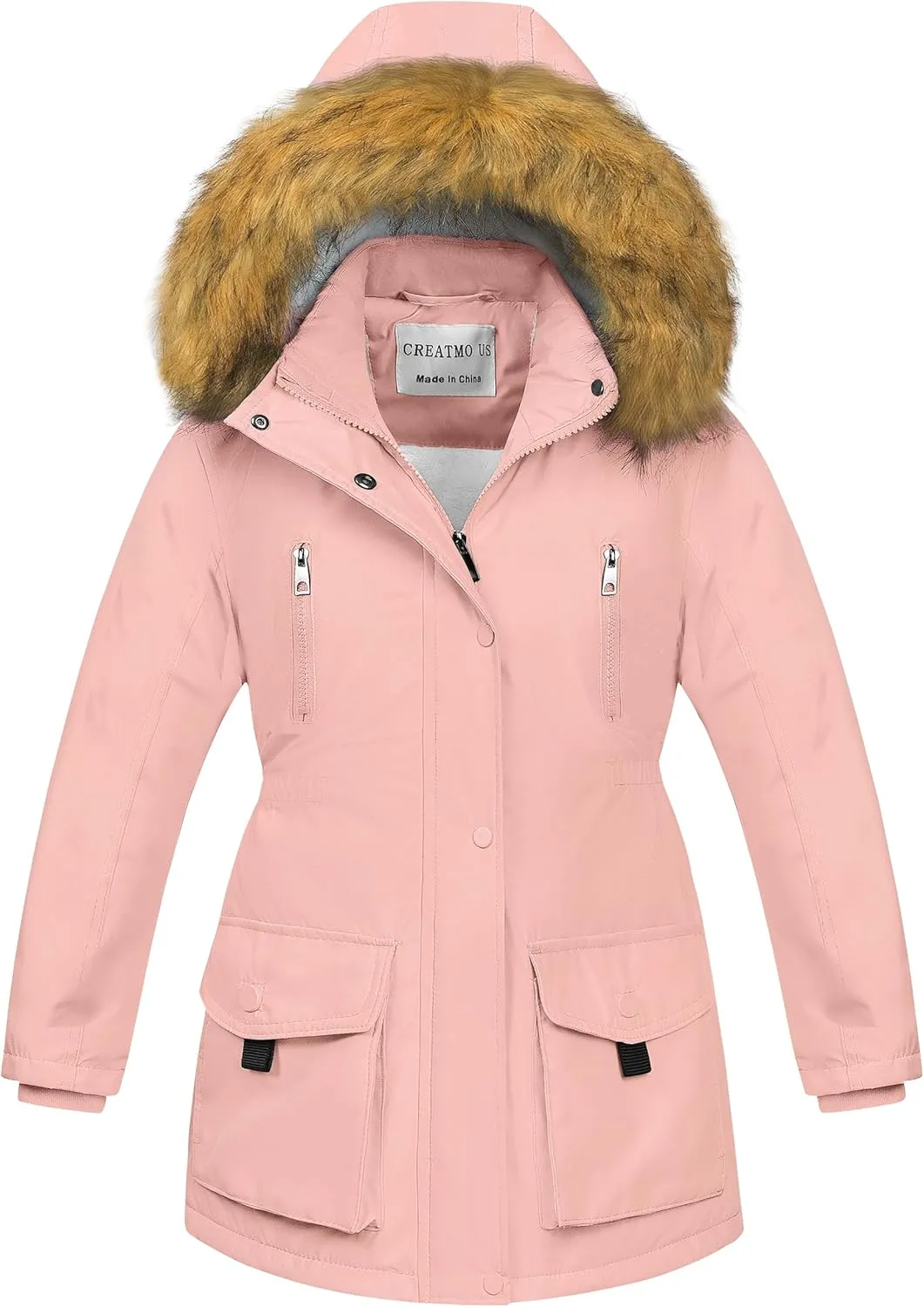 CREATMO US Girl's Sherpa Long Winter Coat Thicken Warm Parka Durable Waterproof Puffer Ski Jacket