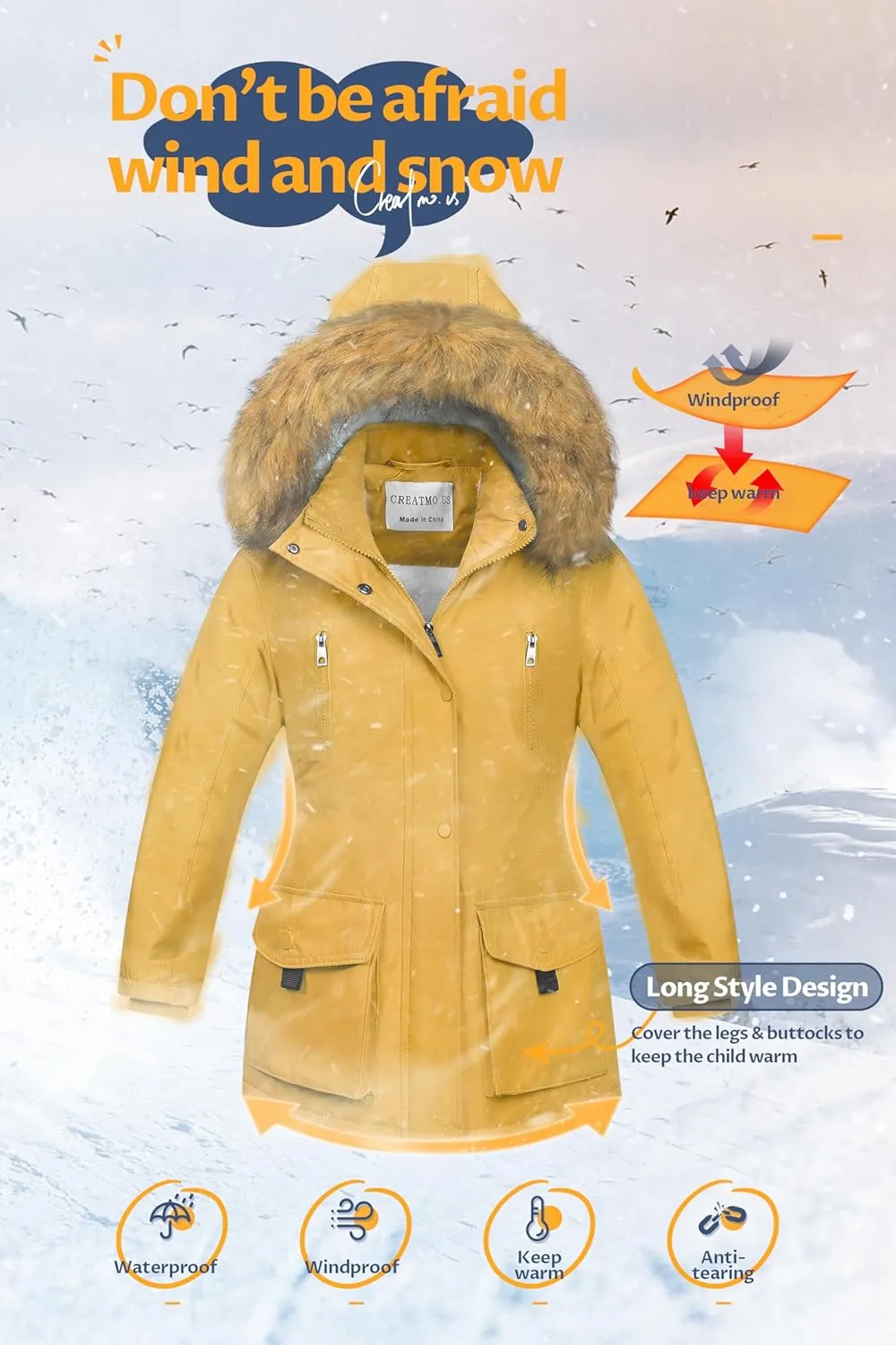 CREATMO US Girl's Sherpa Long Winter Coat Thicken Warm Parka Durable Waterproof Puffer Ski Jacket