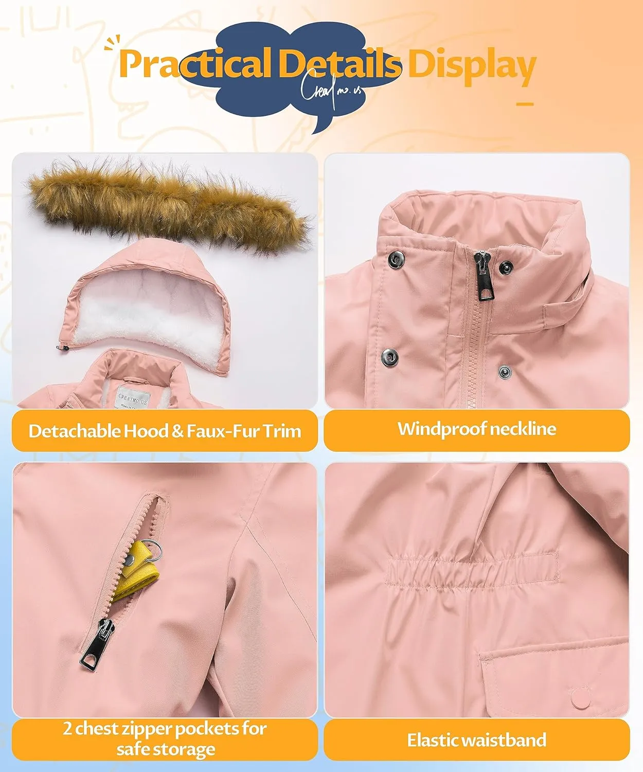 CREATMO US Girl's Sherpa Long Winter Coat Thicken Warm Parka Durable Waterproof Puffer Ski Jacket