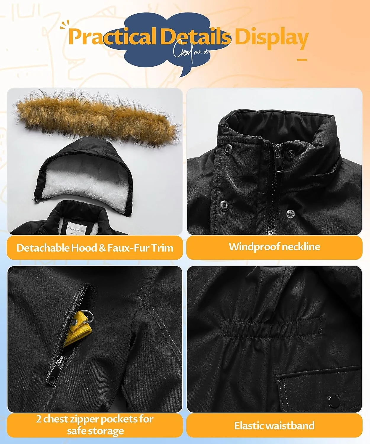 CREATMO US Girl's Sherpa Long Winter Coat Thicken Warm Parka Durable Waterproof Puffer Ski Jacket