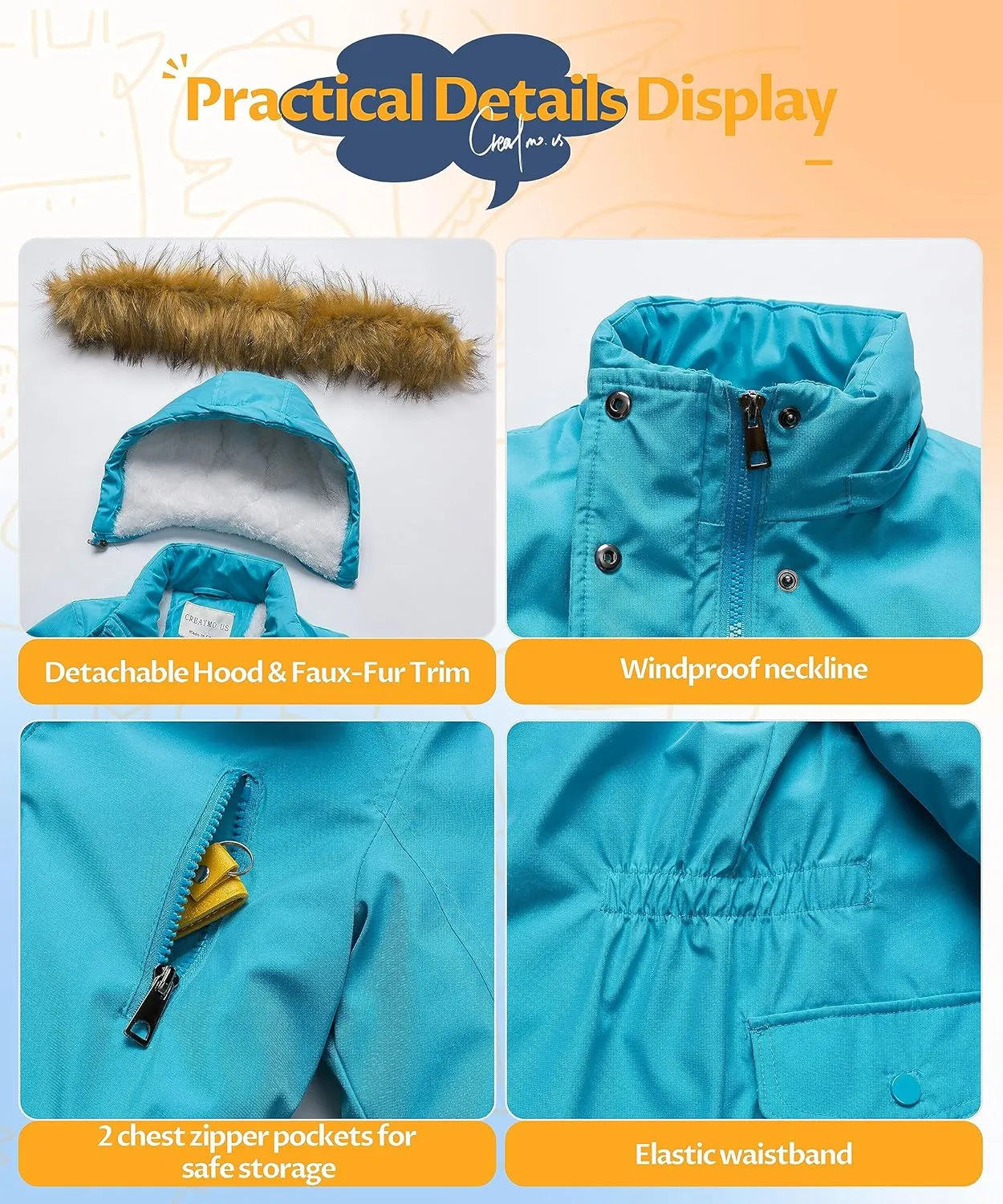 CREATMO US Girl's Sherpa Long Winter Coat Thicken Warm Parka Durable Waterproof Puffer Ski Jacket
