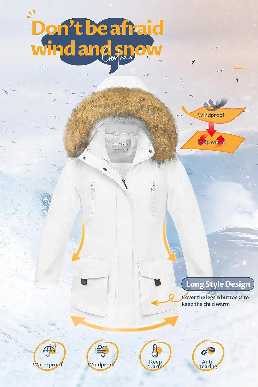 CREATMO US Girl's Sherpa Long Winter Coat Thicken Warm Parka Durable Waterproof Puffer Ski Jacket