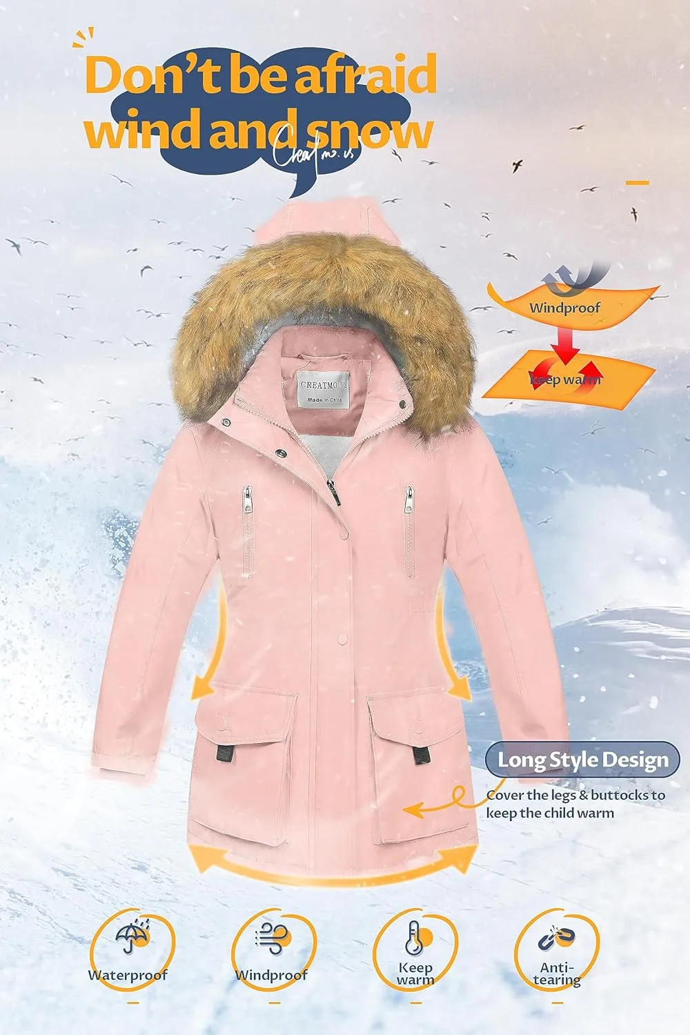 CREATMO US Girl's Sherpa Long Winter Coat Thicken Warm Parka Durable Waterproof Puffer Ski Jacket