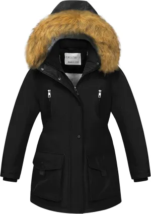 CREATMO US Girl's Sherpa Long Winter Coat Thicken Warm Parka Durable Waterproof Puffer Ski Jacket