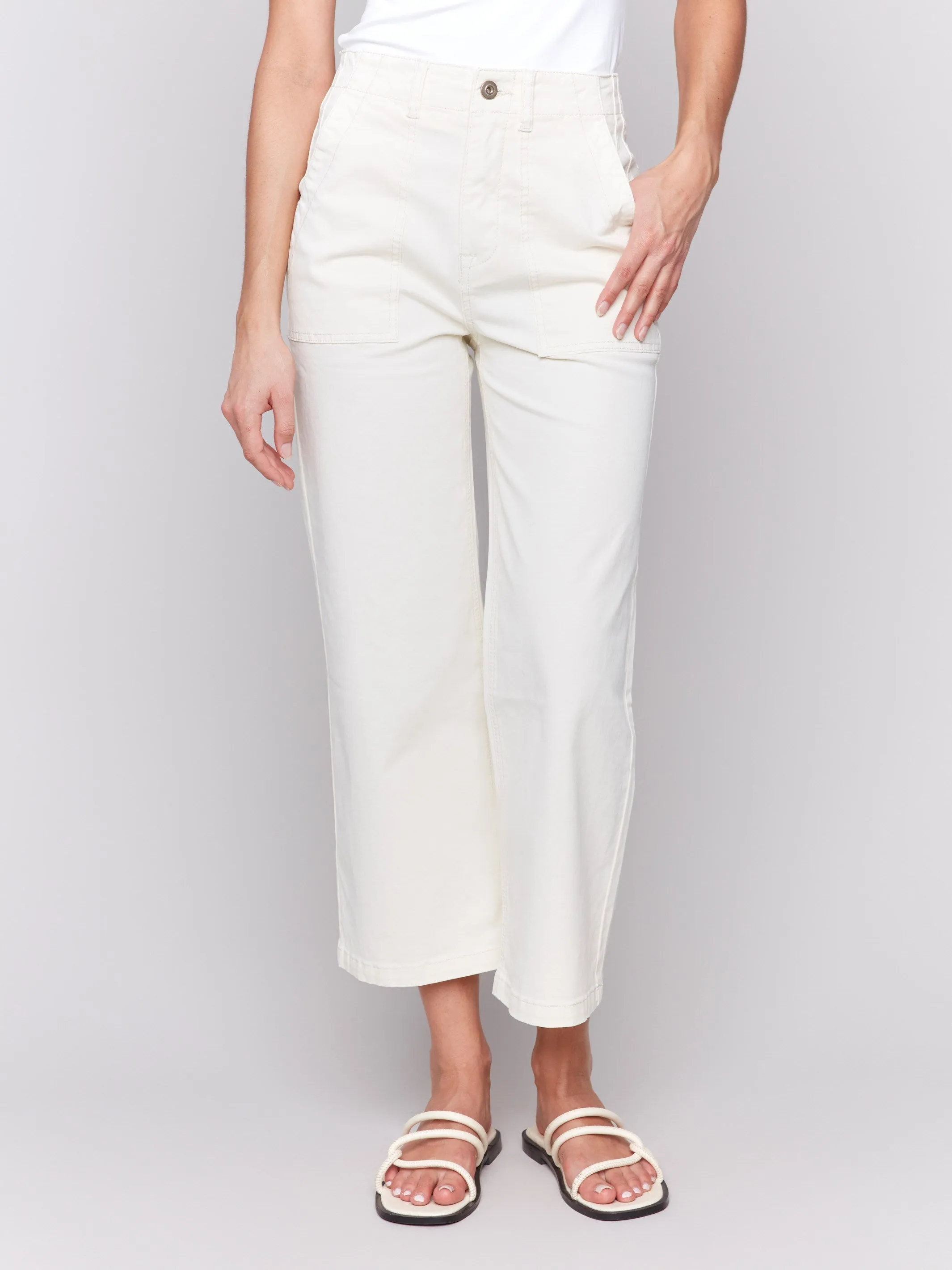 Cropped Utility Pocket Twill Pants - Natural