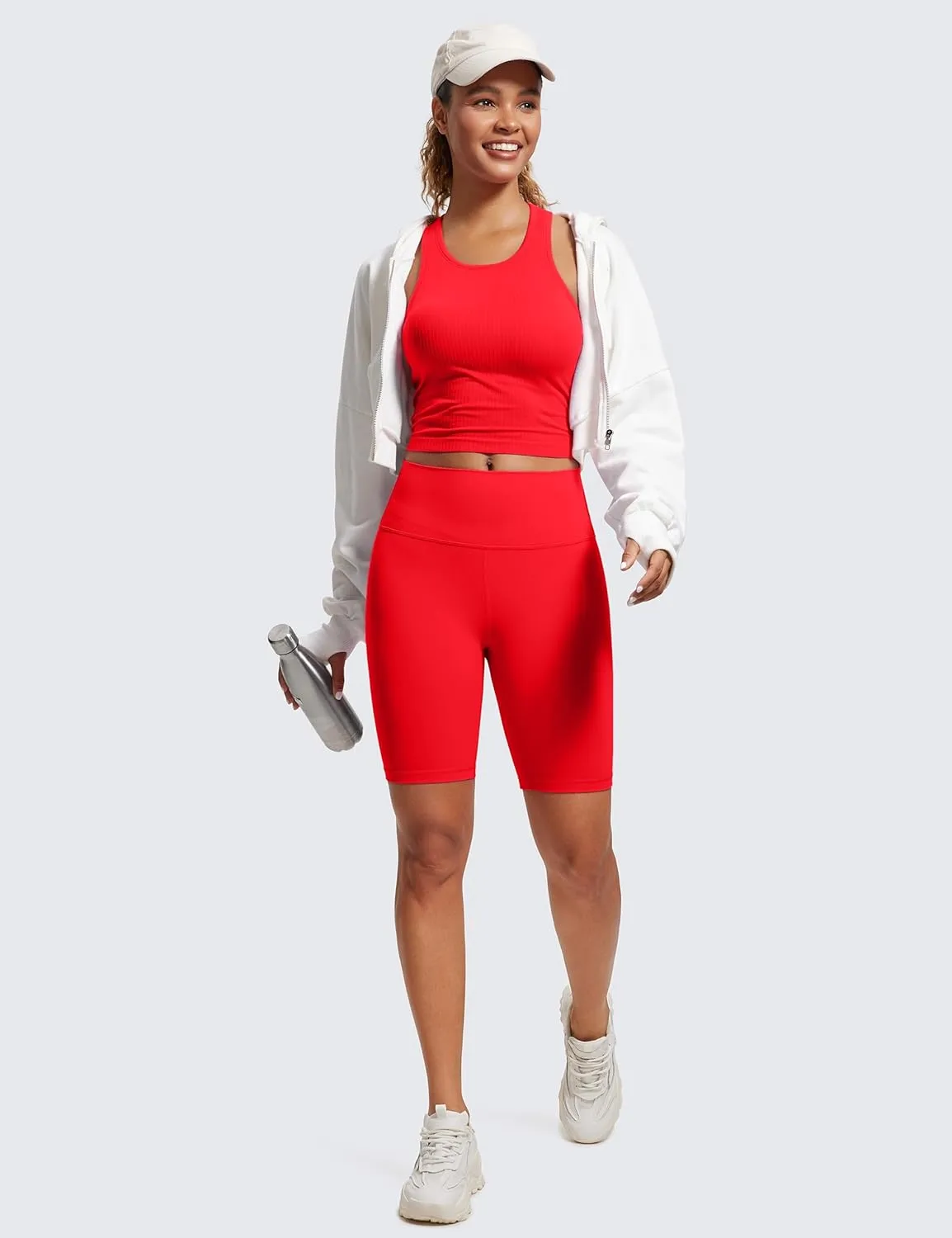 CRZ YOGA Womens Seamless Ribbed Longline High Neck Sports Bra - Racerback Padded Slim Fit Crop Tank Top with Built in Pads