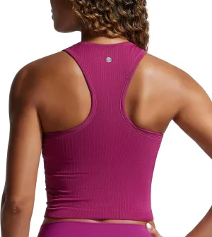 CRZ YOGA Womens Seamless Ribbed Longline High Neck Sports Bra - Racerback Padded Slim Fit Crop Tank Top with Built in Pads