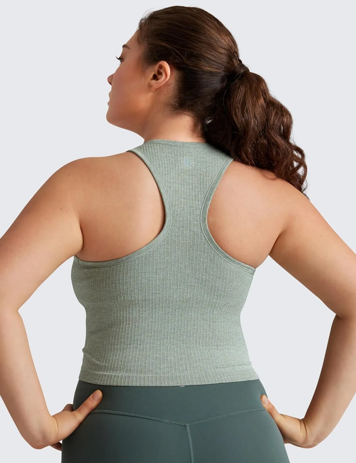 CRZ YOGA Womens Seamless Ribbed Longline High Neck Sports Bra - Racerback Padded Slim Fit Crop Tank Top with Built in Pads