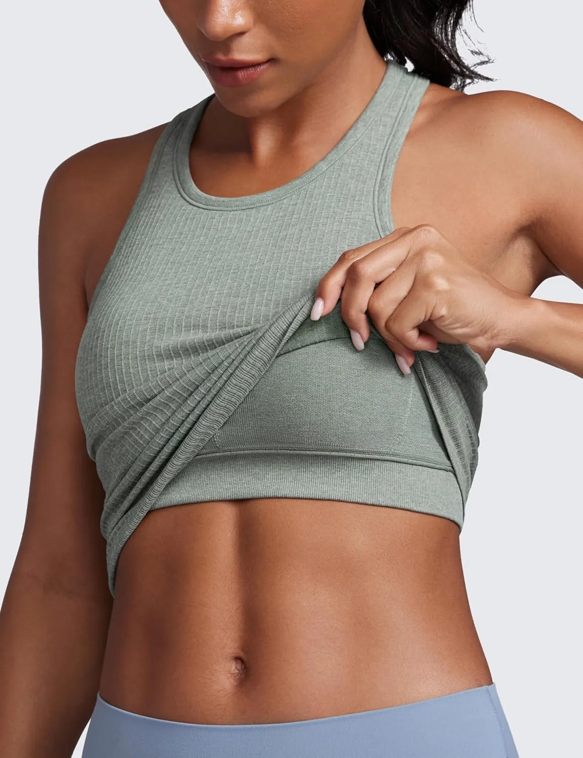 CRZ YOGA Womens Seamless Ribbed Longline High Neck Sports Bra - Racerback Padded Slim Fit Crop Tank Top with Built in Pads