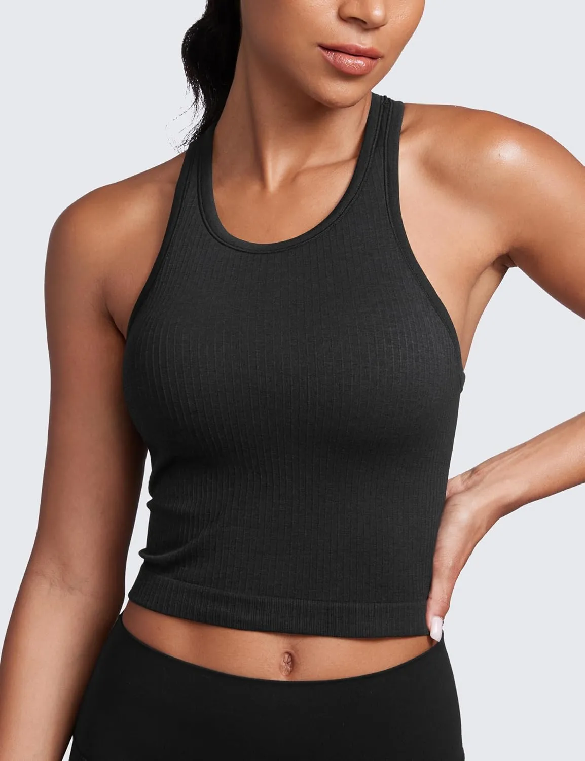 CRZ YOGA Womens Seamless Ribbed Longline High Neck Sports Bra - Racerback Padded Slim Fit Crop Tank Top with Built in Pads
