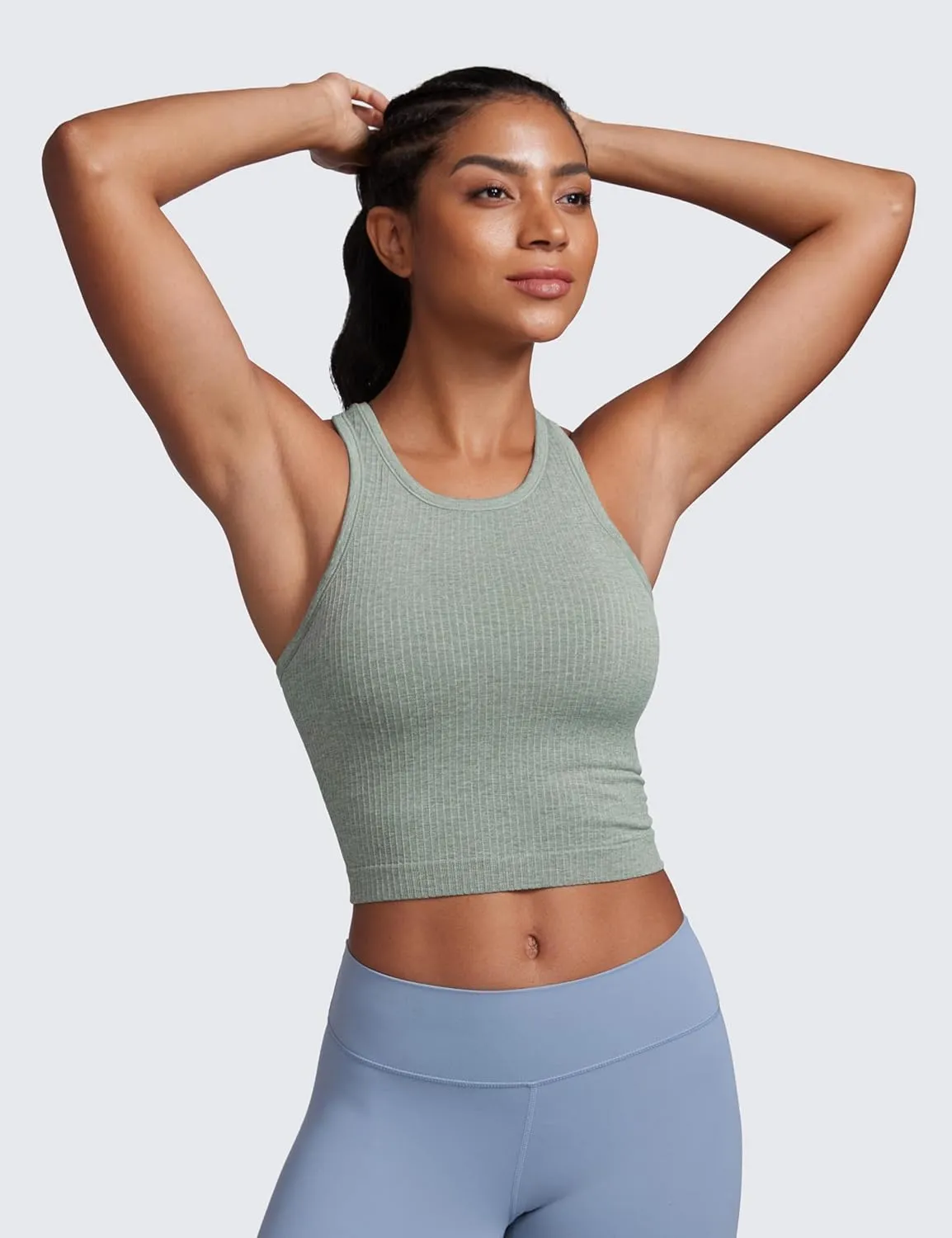 CRZ YOGA Womens Seamless Ribbed Longline High Neck Sports Bra - Racerback Padded Slim Fit Crop Tank Top with Built in Pads
