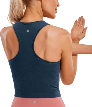 CRZ YOGA Womens Seamless Ribbed Longline High Neck Sports Bra - Racerback Padded Slim Fit Crop Tank Top with Built in Pads