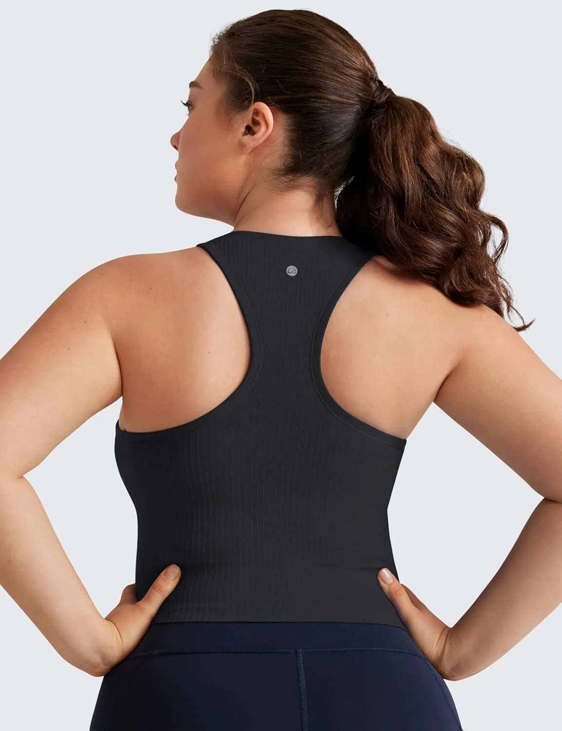 CRZ YOGA Womens Seamless Ribbed Longline High Neck Sports Bra - Racerback Padded Slim Fit Crop Tank Top with Built in Pads