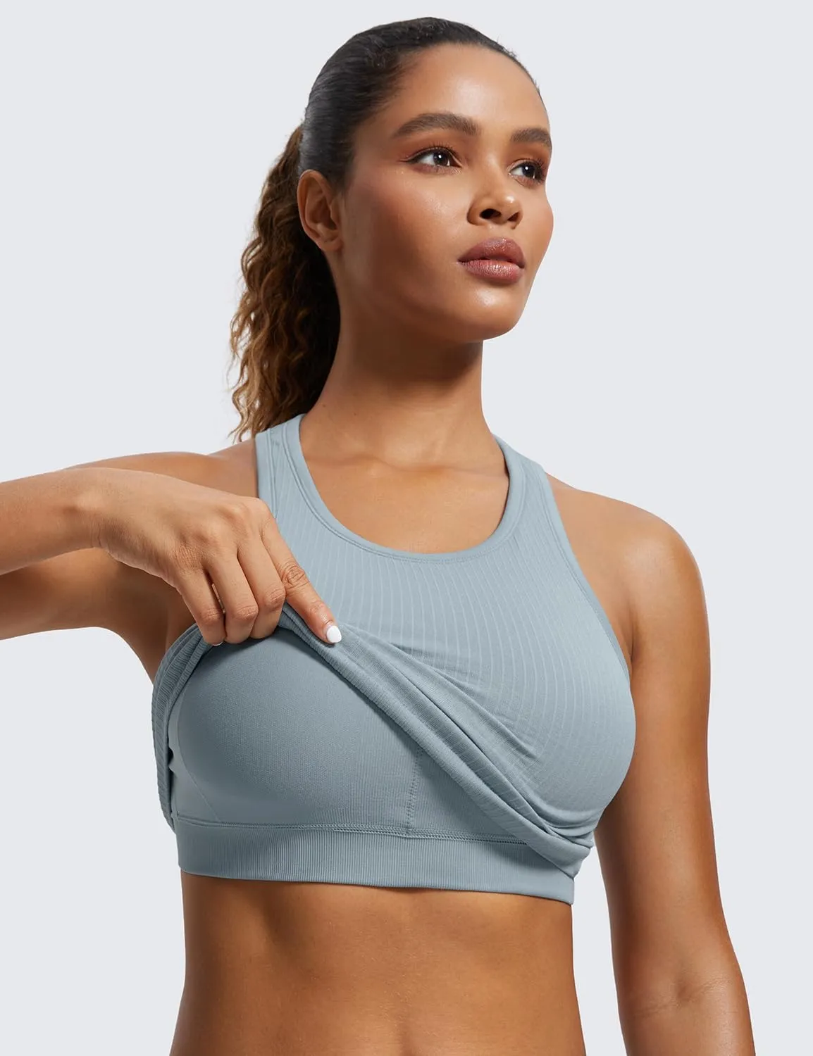 CRZ YOGA Womens Seamless Ribbed Longline High Neck Sports Bra - Racerback Padded Slim Fit Crop Tank Top with Built in Pads