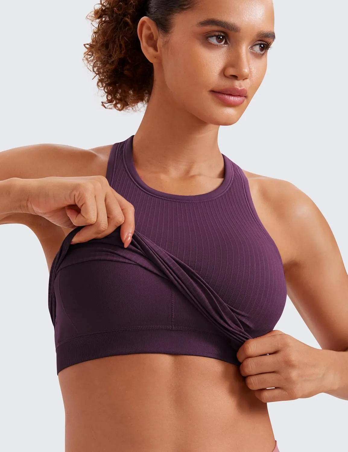 CRZ YOGA Womens Seamless Ribbed Longline High Neck Sports Bra - Racerback Padded Slim Fit Crop Tank Top with Built in Pads