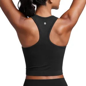 CRZ YOGA Womens Seamless Ribbed Longline High Neck Sports Bra - Racerback Padded Slim Fit Crop Tank Top with Built in Pads