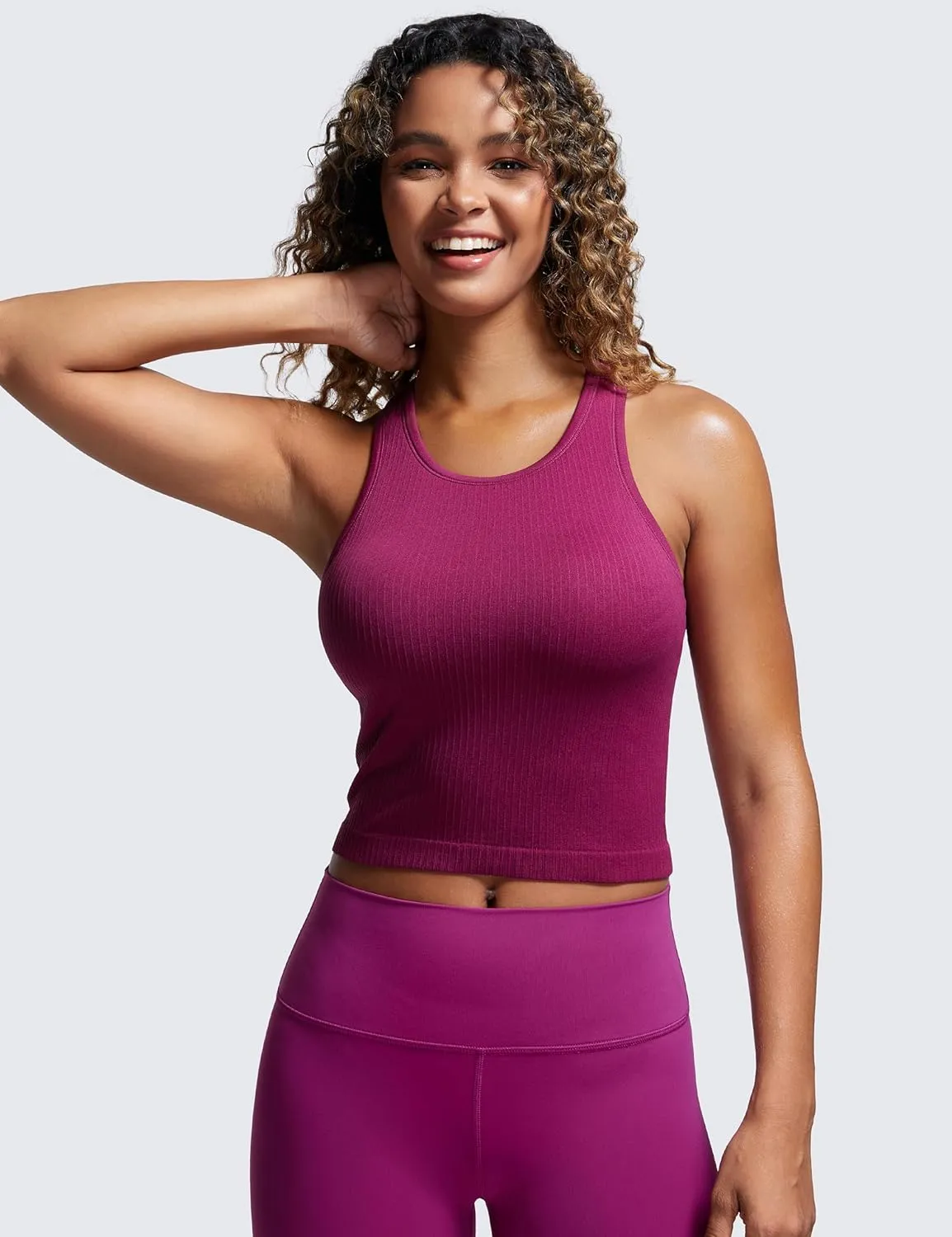 CRZ YOGA Womens Seamless Ribbed Longline High Neck Sports Bra - Racerback Padded Slim Fit Crop Tank Top with Built in Pads