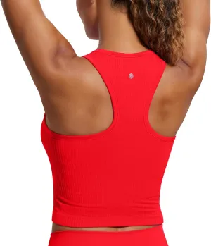 CRZ YOGA Womens Seamless Ribbed Longline High Neck Sports Bra - Racerback Padded Slim Fit Crop Tank Top with Built in Pads