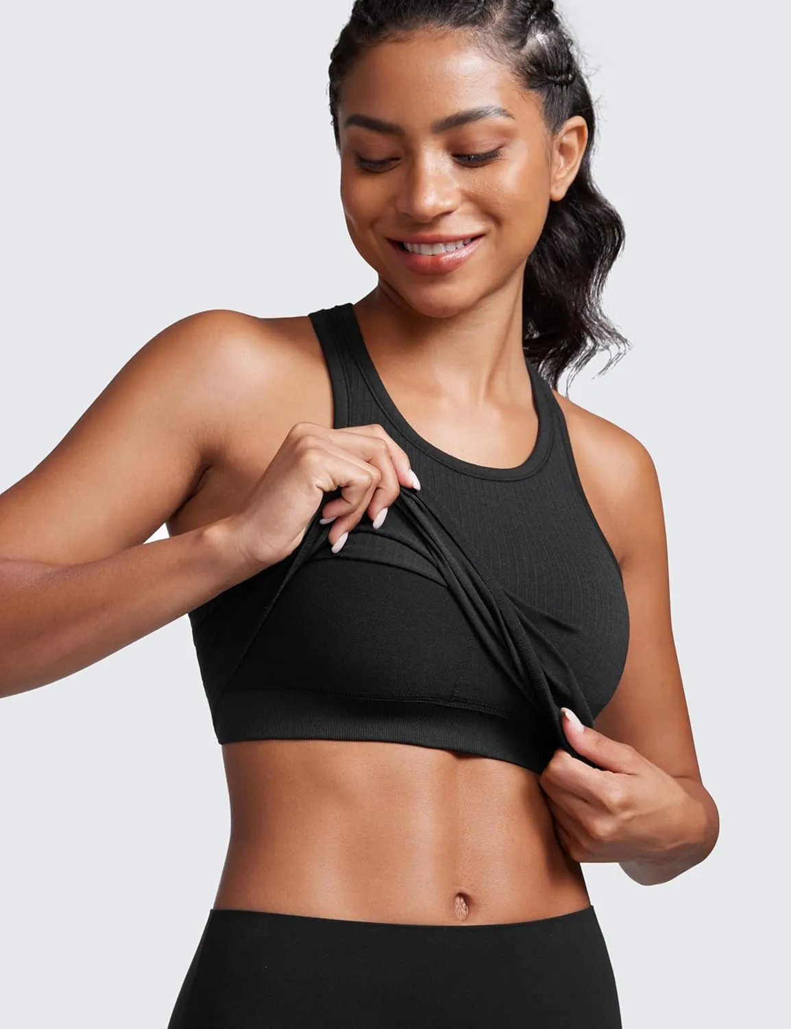 CRZ YOGA Womens Seamless Ribbed Longline High Neck Sports Bra - Racerback Padded Slim Fit Crop Tank Top with Built in Pads