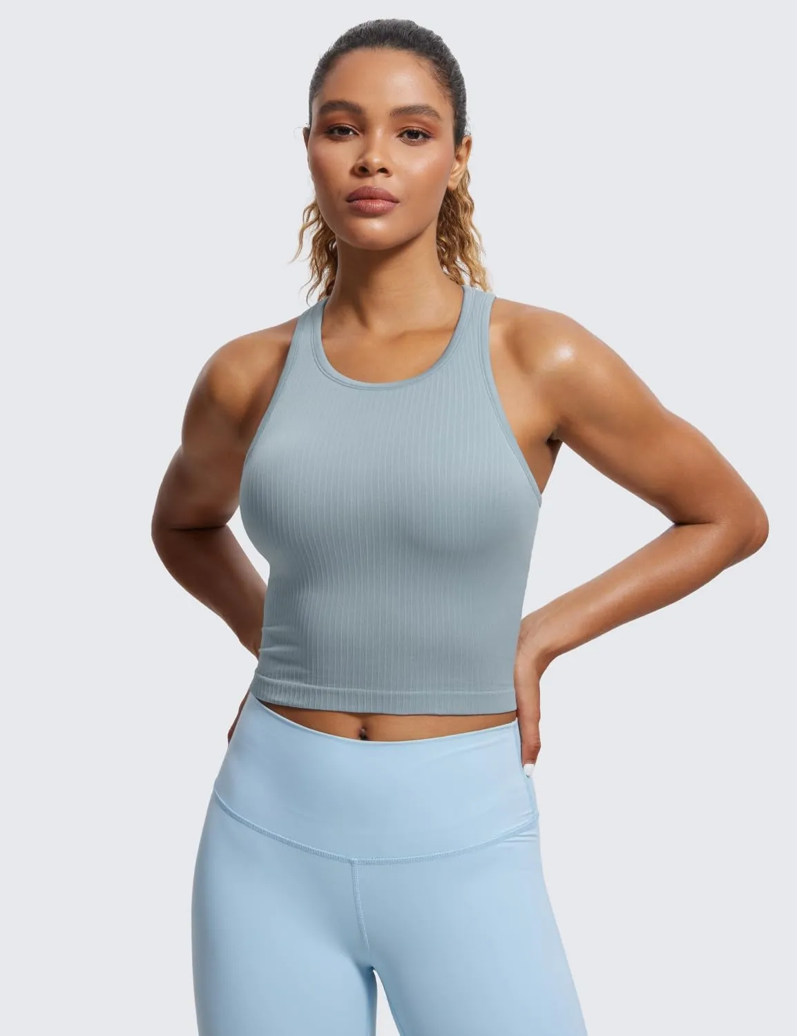 CRZ YOGA Womens Seamless Ribbed Longline High Neck Sports Bra - Racerback Padded Slim Fit Crop Tank Top with Built in Pads