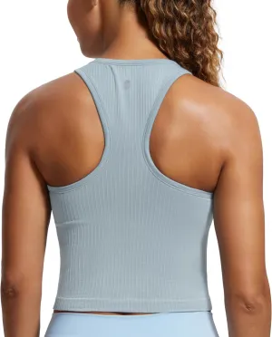 CRZ YOGA Womens Seamless Ribbed Longline High Neck Sports Bra - Racerback Padded Slim Fit Crop Tank Top with Built in Pads