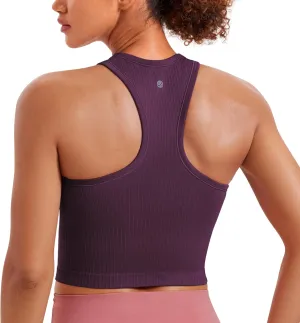 CRZ YOGA Womens Seamless Ribbed Longline High Neck Sports Bra - Racerback Padded Slim Fit Crop Tank Top with Built in Pads