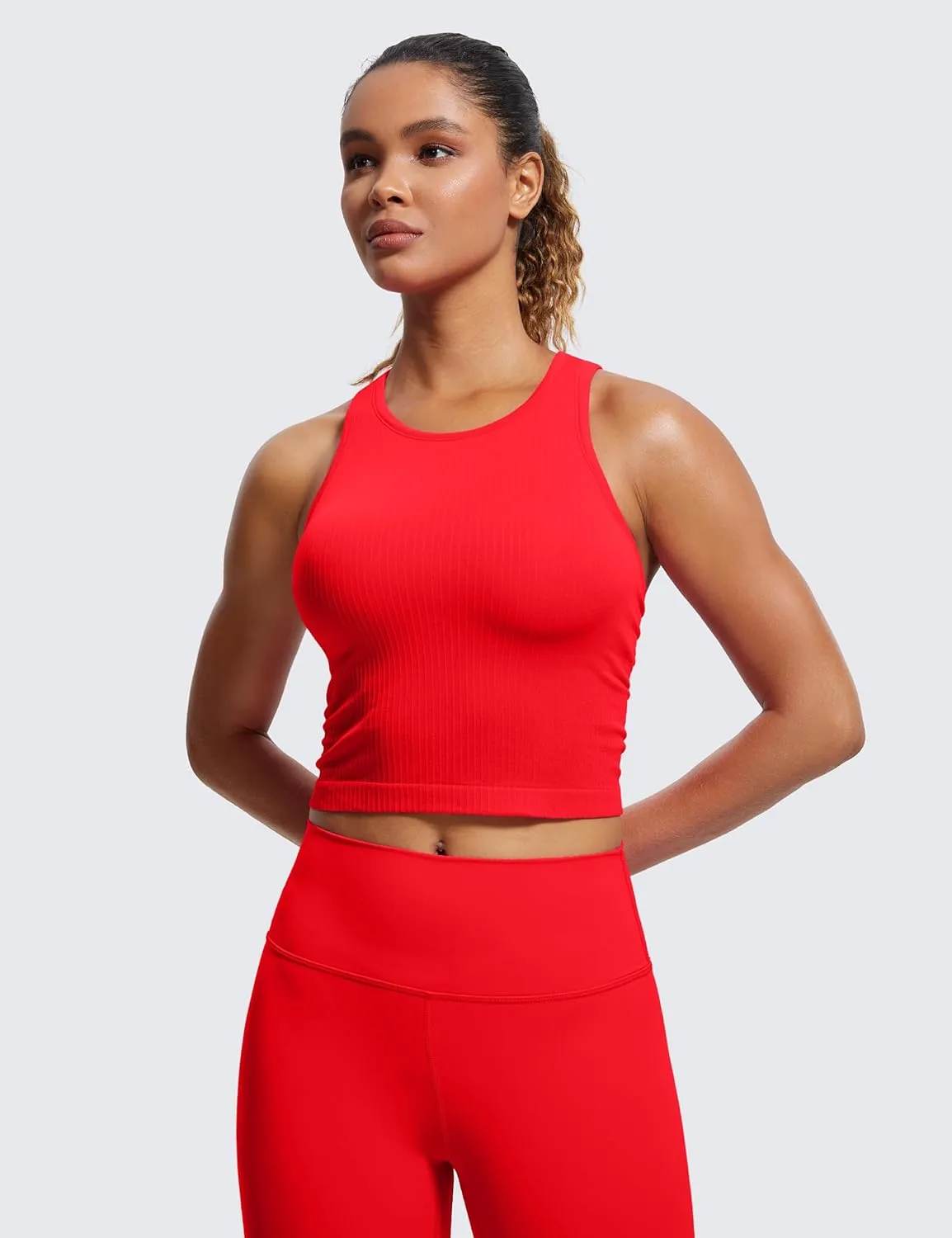 CRZ YOGA Womens Seamless Ribbed Longline High Neck Sports Bra - Racerback Padded Slim Fit Crop Tank Top with Built in Pads