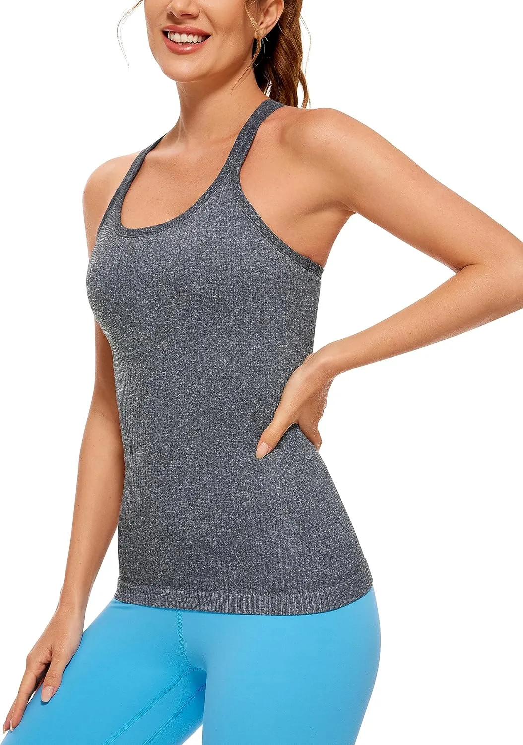 CRZ YOGA Womens Seamless Ribbed Racerback Tank Tops with Built in Bra - Padded Scoop Neck Slimming Athletic Long Camisole