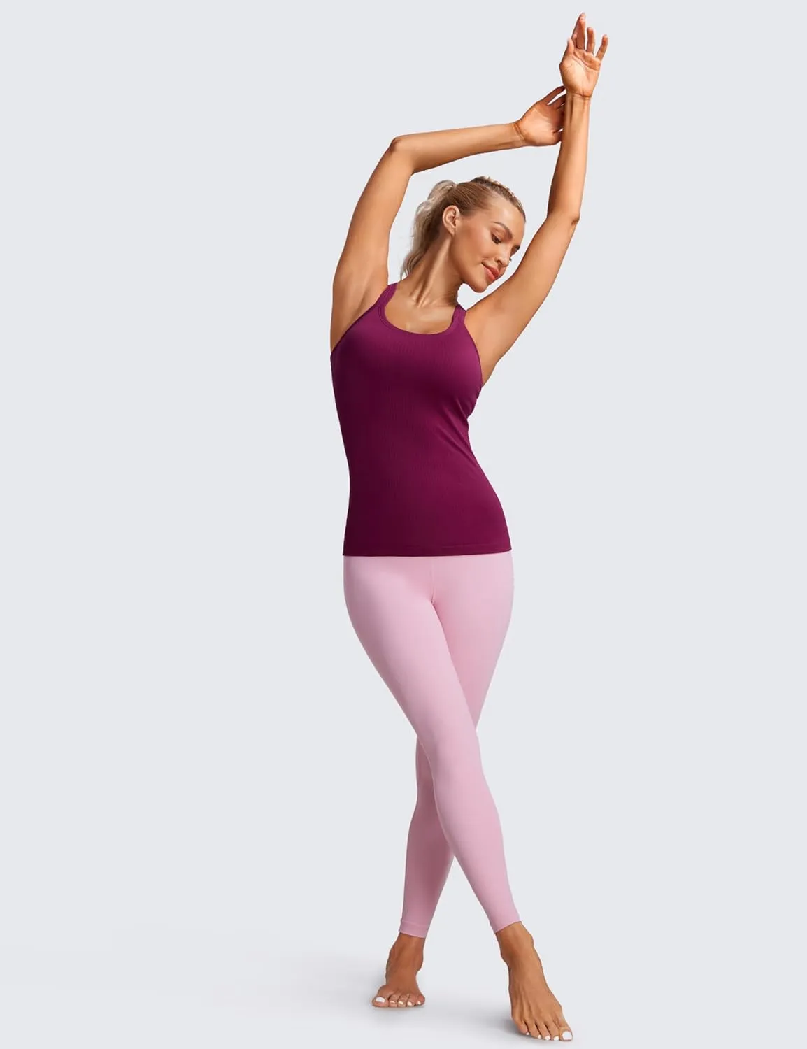 CRZ YOGA Womens Seamless Ribbed Racerback Tank Tops with Built in Bra - Padded Scoop Neck Slimming Athletic Long Camisole