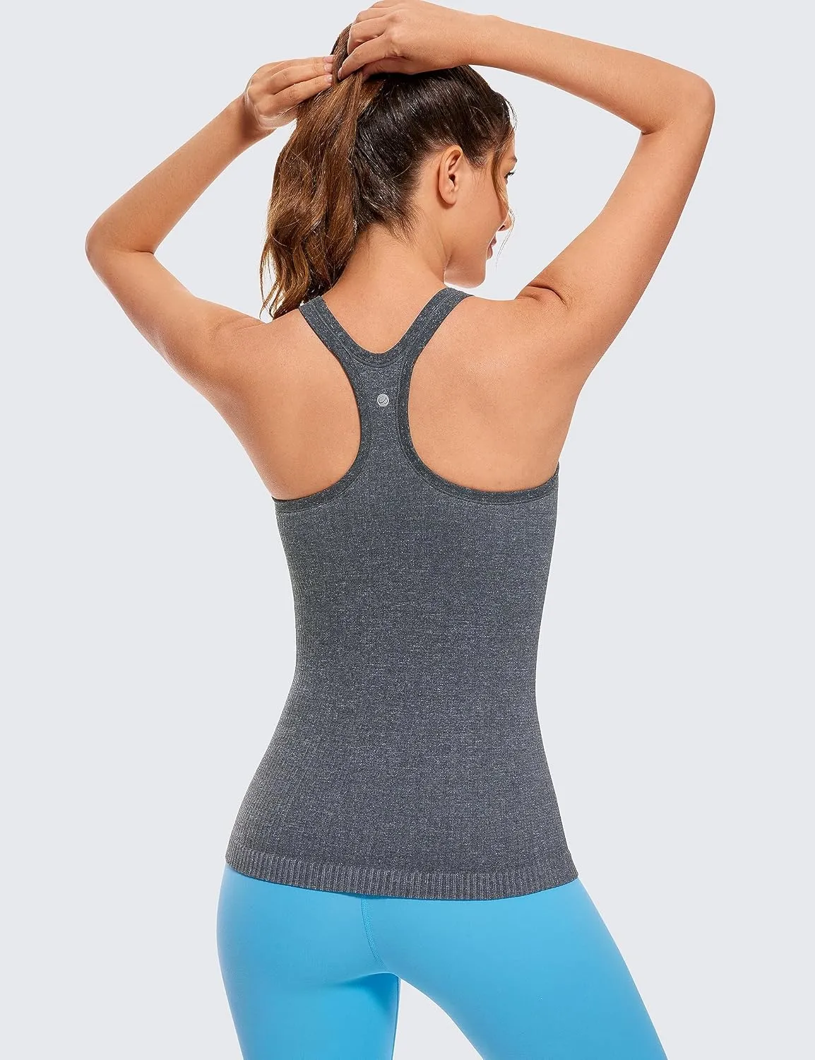 CRZ YOGA Womens Seamless Ribbed Racerback Tank Tops with Built in Bra - Padded Scoop Neck Slimming Athletic Long Camisole