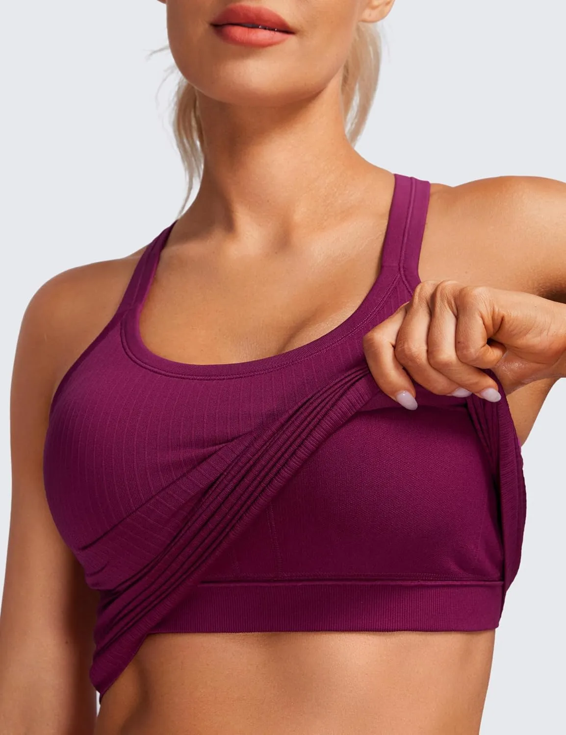 CRZ YOGA Womens Seamless Ribbed Racerback Tank Tops with Built in Bra - Padded Scoop Neck Slimming Athletic Long Camisole