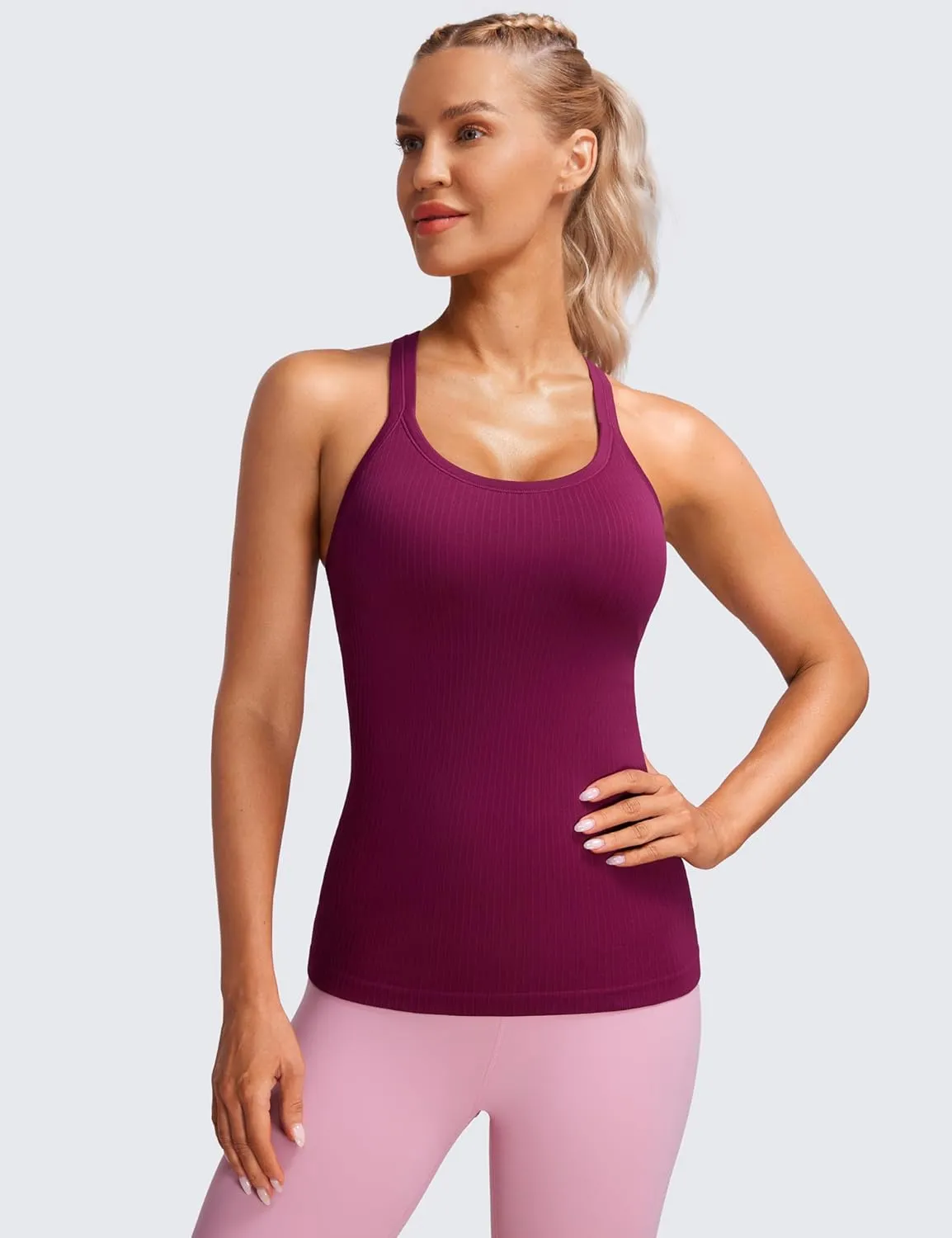 CRZ YOGA Womens Seamless Ribbed Racerback Tank Tops with Built in Bra - Padded Scoop Neck Slimming Athletic Long Camisole
