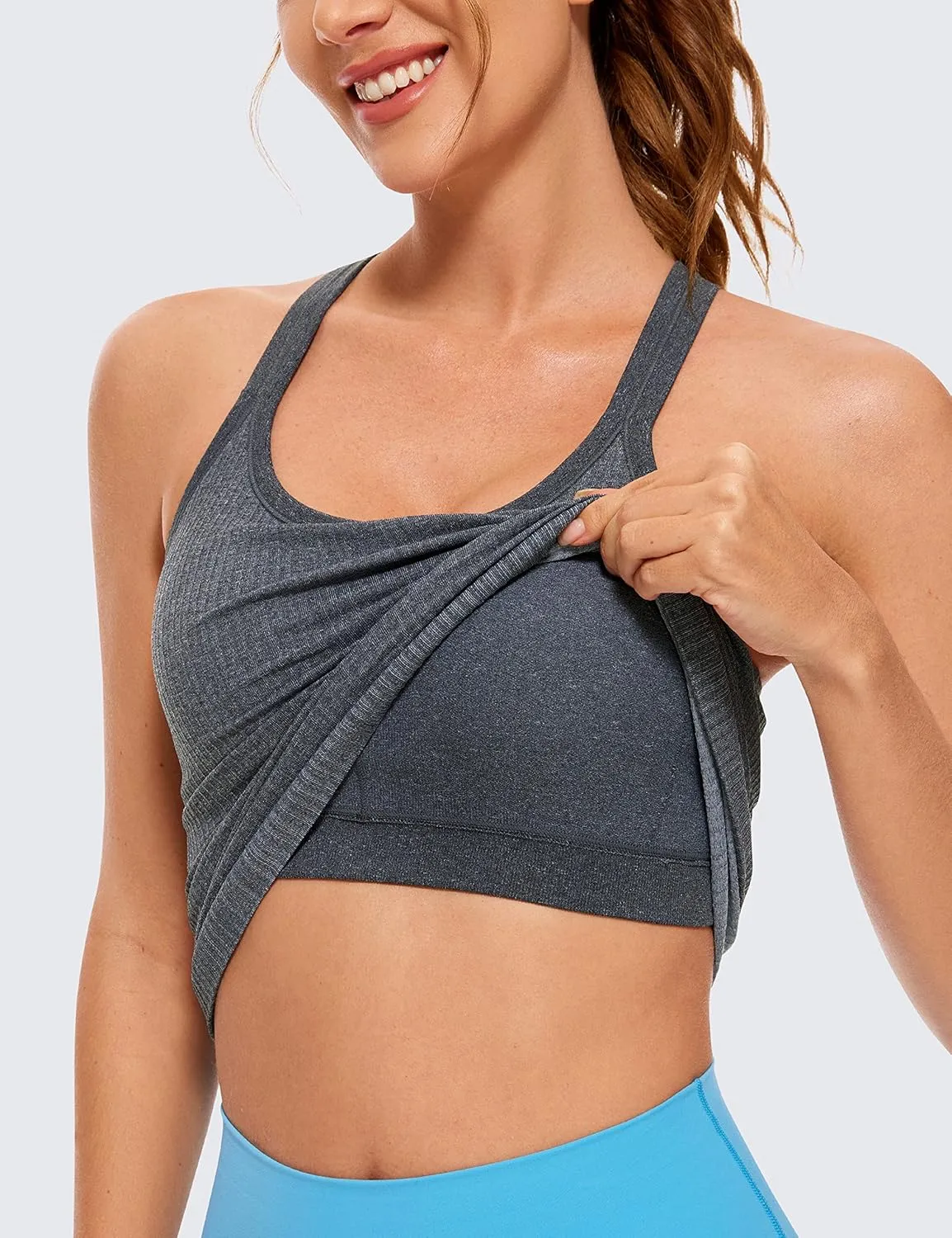 CRZ YOGA Womens Seamless Ribbed Racerback Tank Tops with Built in Bra - Padded Scoop Neck Slimming Athletic Long Camisole