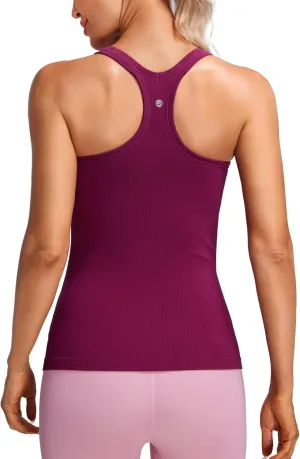 CRZ YOGA Womens Seamless Ribbed Racerback Tank Tops with Built in Bra - Padded Scoop Neck Slimming Athletic Long Camisole