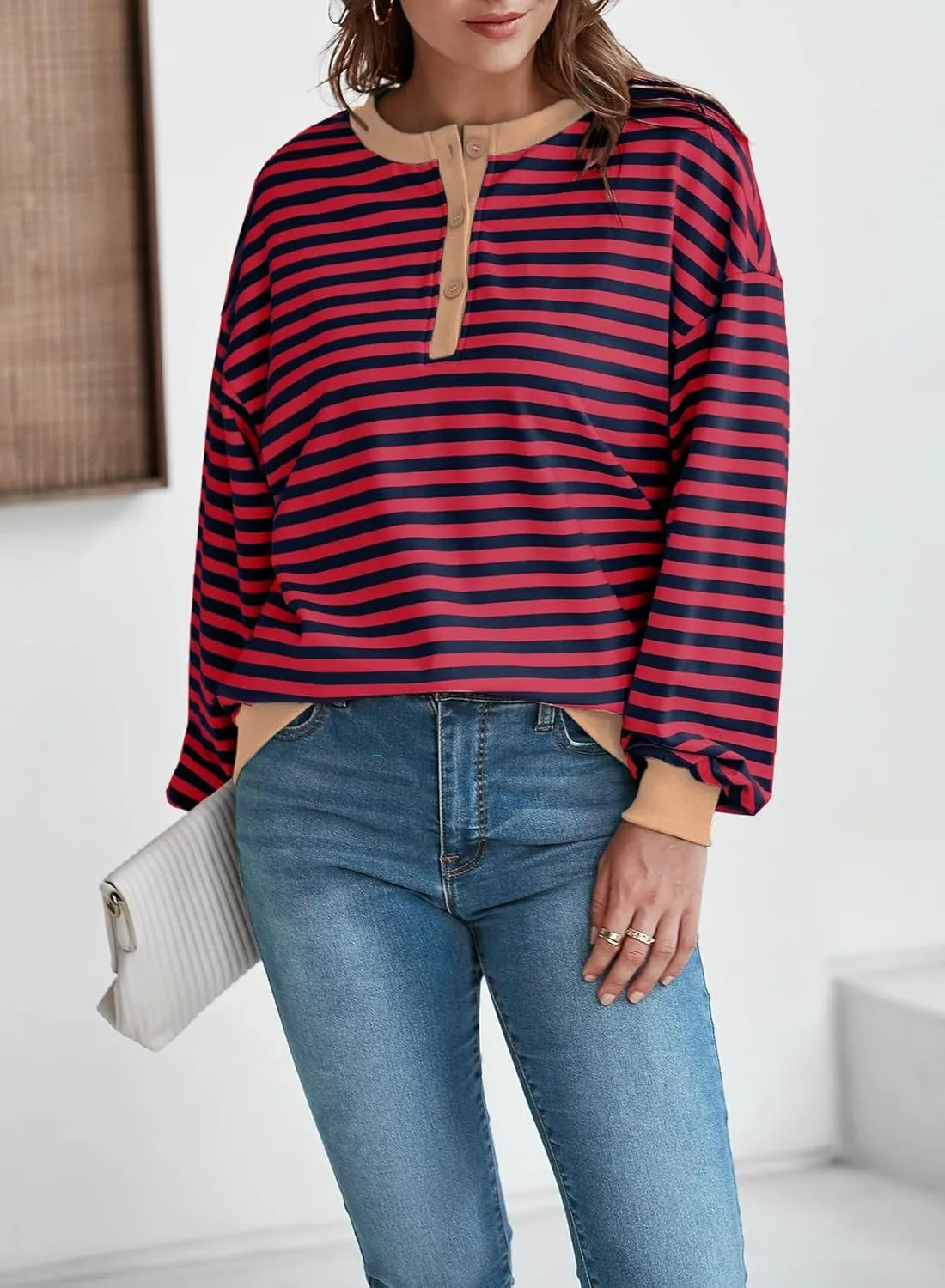 Dokotoo Womens Casual Crewneck Color Block Striped Oversized Sweatshirt Long Sleeve Shirts Tunic Tops