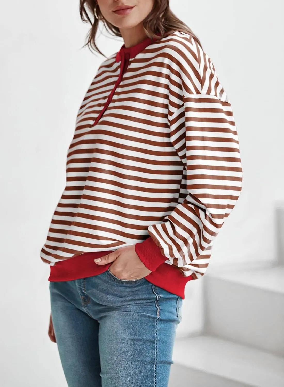 Dokotoo Womens Casual Crewneck Color Block Striped Oversized Sweatshirt Long Sleeve Shirts Tunic Tops
