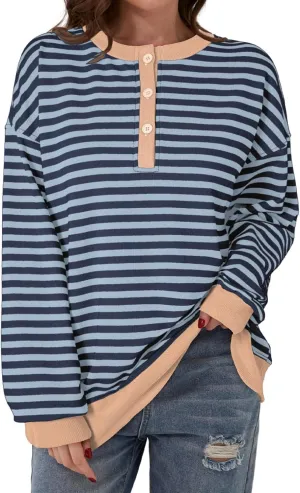 Dokotoo Womens Casual Crewneck Color Block Striped Oversized Sweatshirt Long Sleeve Shirts Tunic Tops