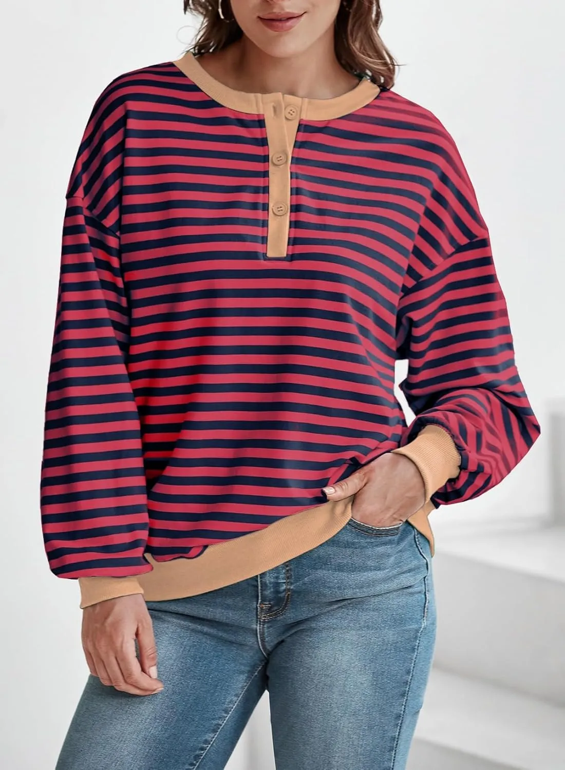 Dokotoo Womens Casual Crewneck Color Block Striped Oversized Sweatshirt Long Sleeve Shirts Tunic Tops