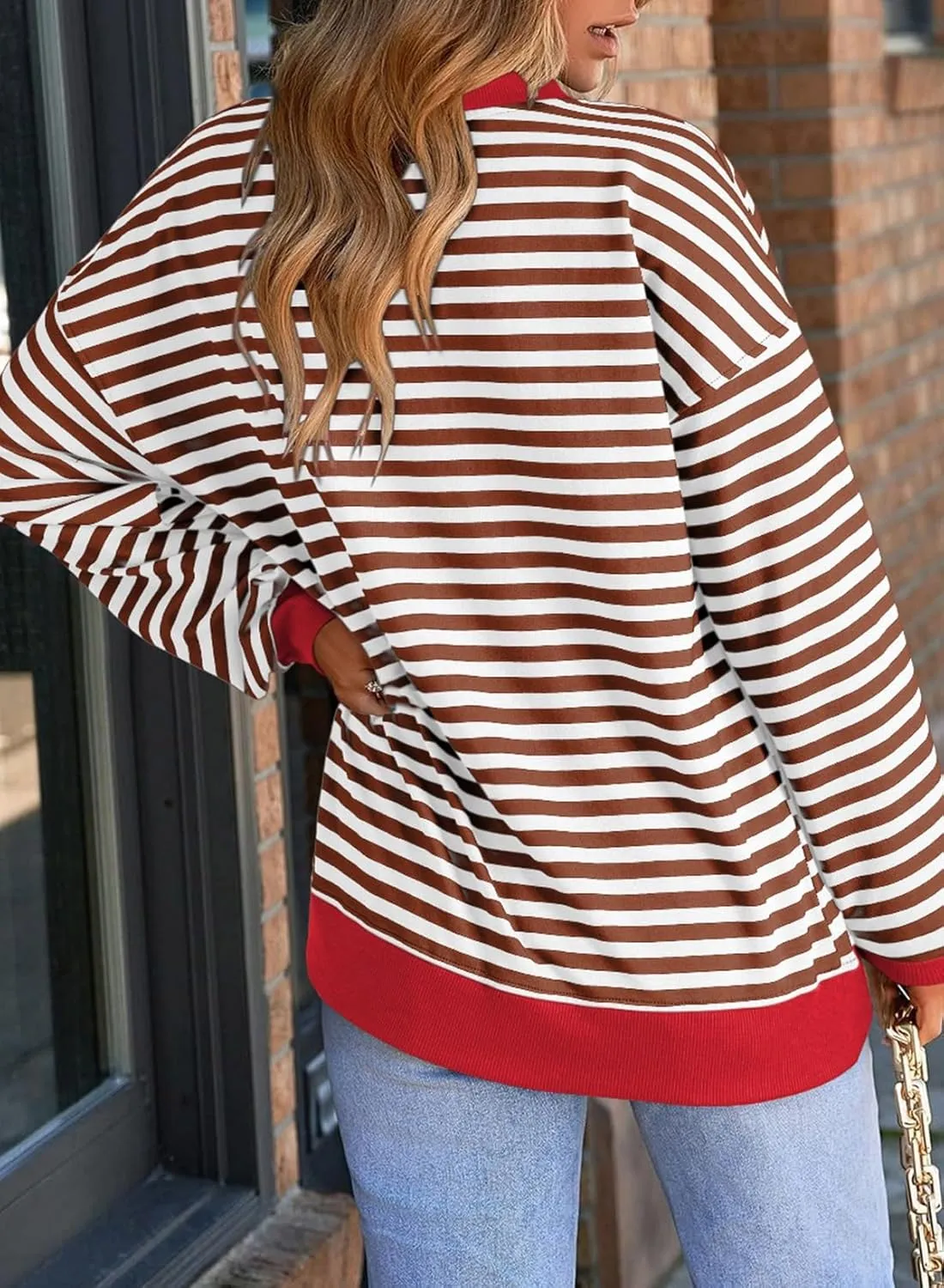 Dokotoo Womens Casual Crewneck Color Block Striped Oversized Sweatshirt Long Sleeve Shirts Tunic Tops