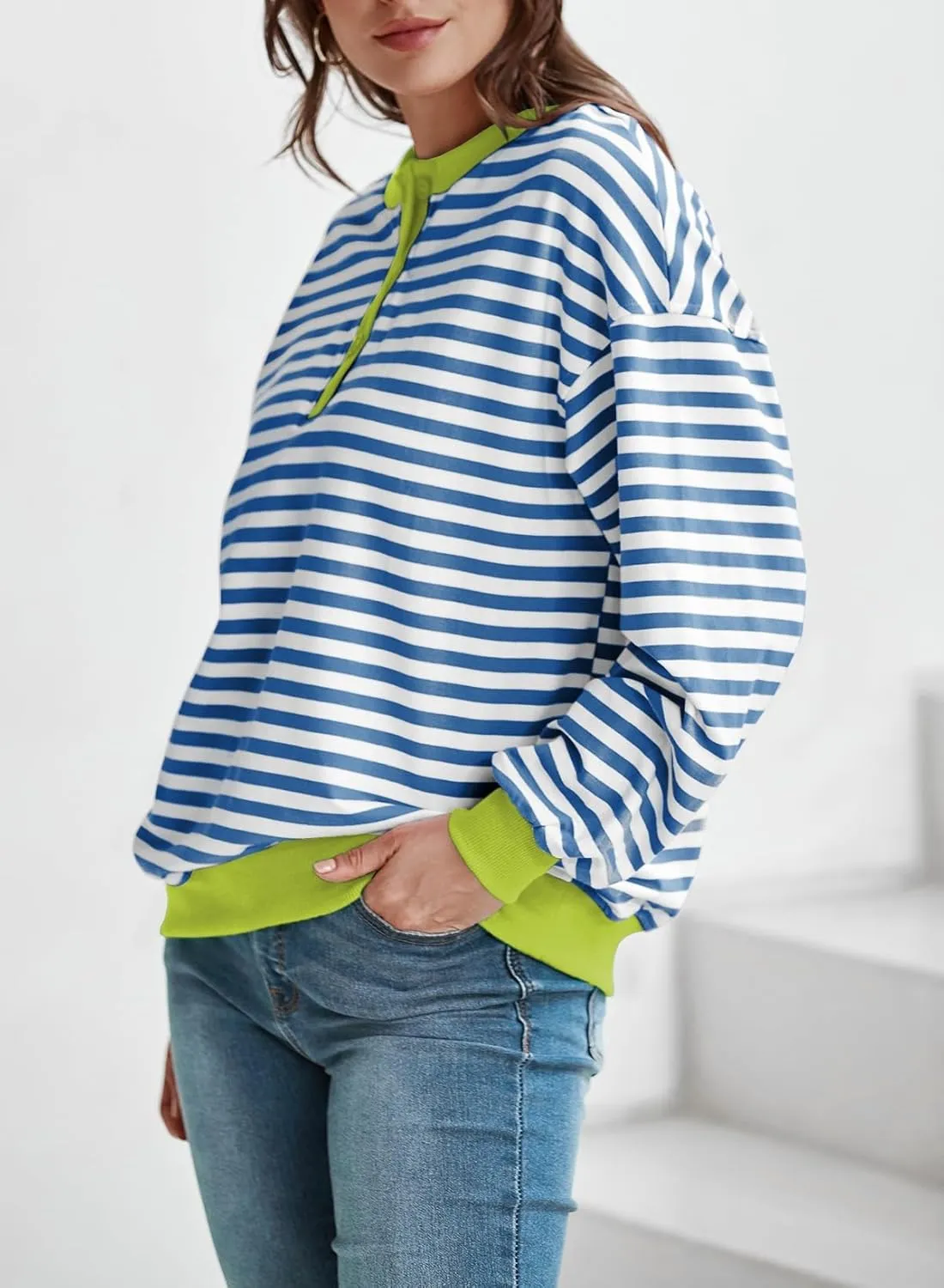 Dokotoo Womens Casual Crewneck Color Block Striped Oversized Sweatshirt Long Sleeve Shirts Tunic Tops